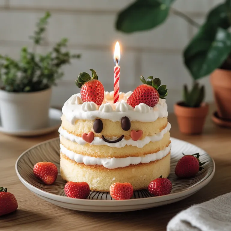 Un tort aniversar decorat cu lumânare și căpșuni.