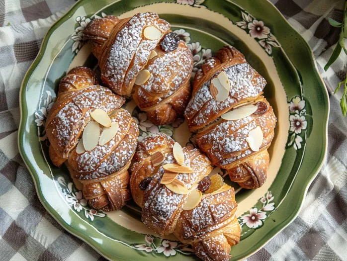 O farfurie cu cornuri cu migdale și ciocolată.