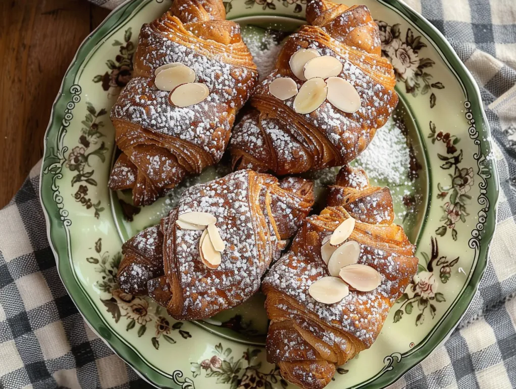 O farfurie cu croissante cu ciocolata si migdale.