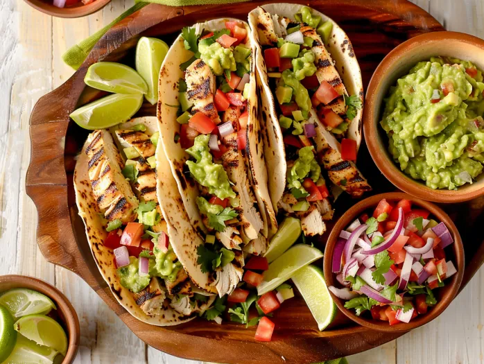 O farfurie cu tacos de pui la grătar și guacamole.