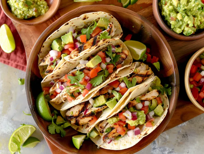 Un bol cu taco-uri din pui la grătar cu guacamole.
