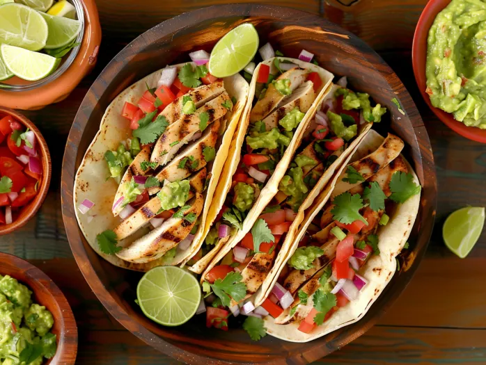 O farfurie cu taco-uri cu pui la grătar și guacamole.