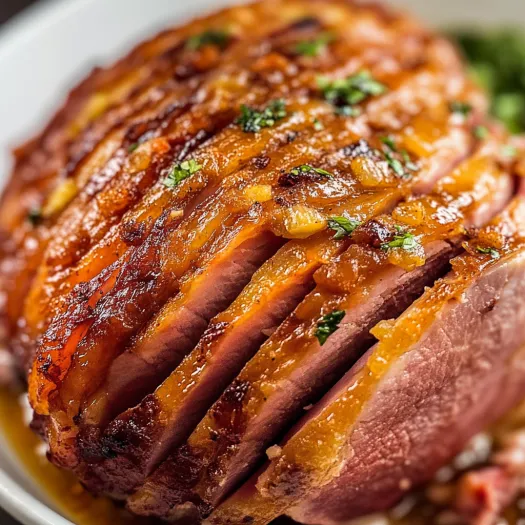 Gros plan cu o bucată de carne cu aspect de șuncă cu miere făcută acasă.