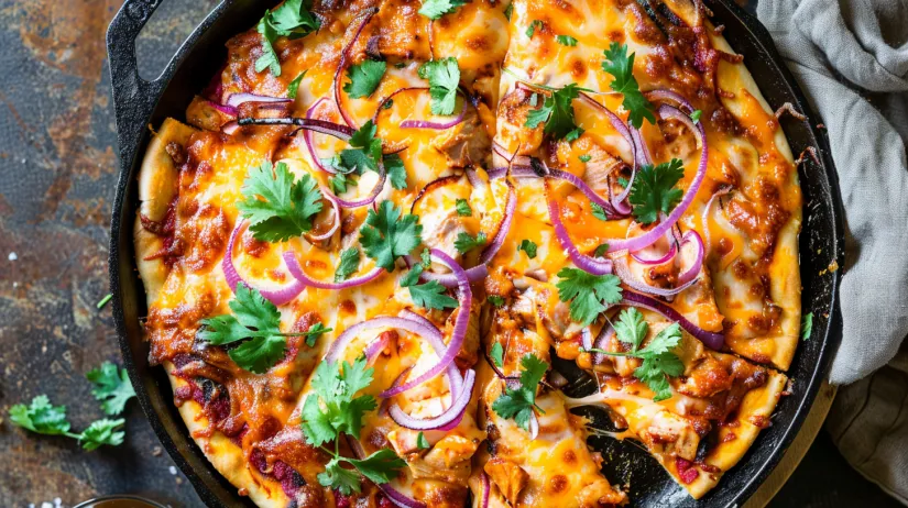 O pizza de casă cu pui BBQ, ceapă și ardei.