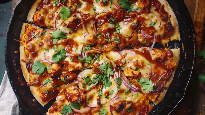 O pizza de casă cu pui BBQ, ceapă și ardei.