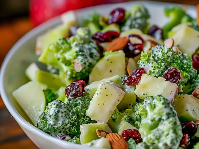Un castron cu salată de broccoli, mere şi stafide.