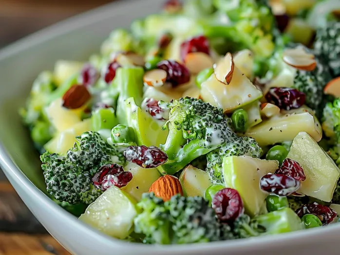 Salată de broccoli cu nuci și brânză într-un bol.