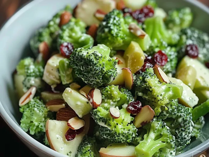 Un bol cu salată de broccoli cu mere și nuci.