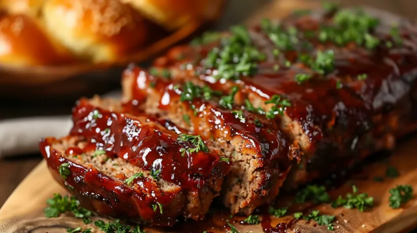 O felie de chec de carne cu sos roșu pe deasupra, văzută de aproape.