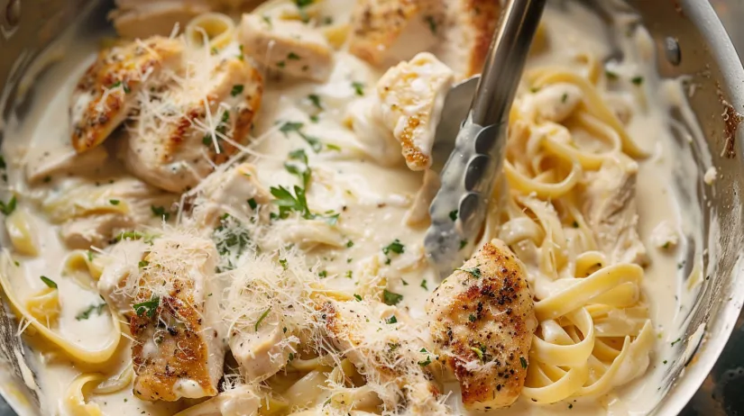 O farfurie cu fettuccine Alfredo cu pui.