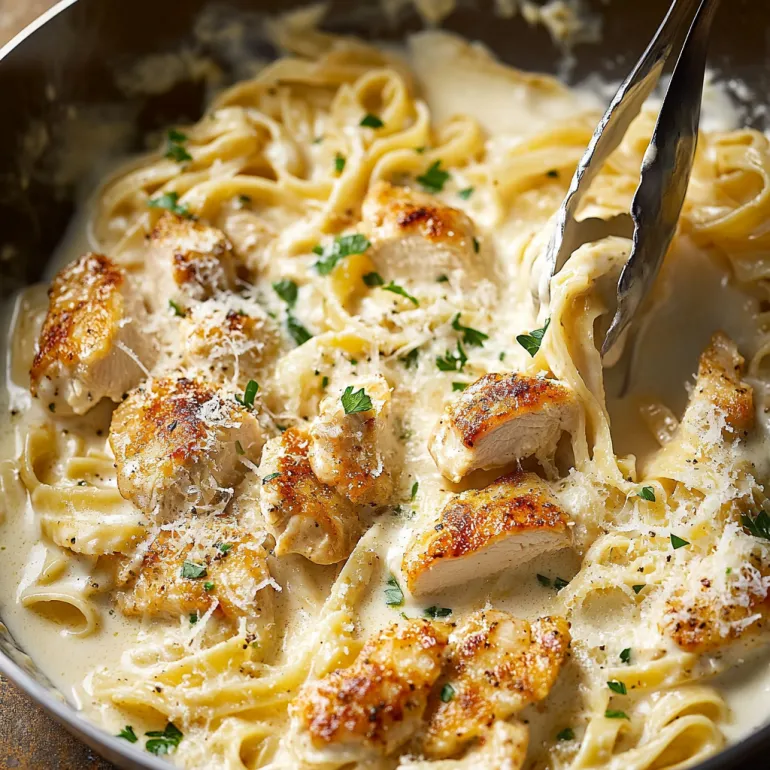 Un bol cu fettuccine Alfredo cu pui.