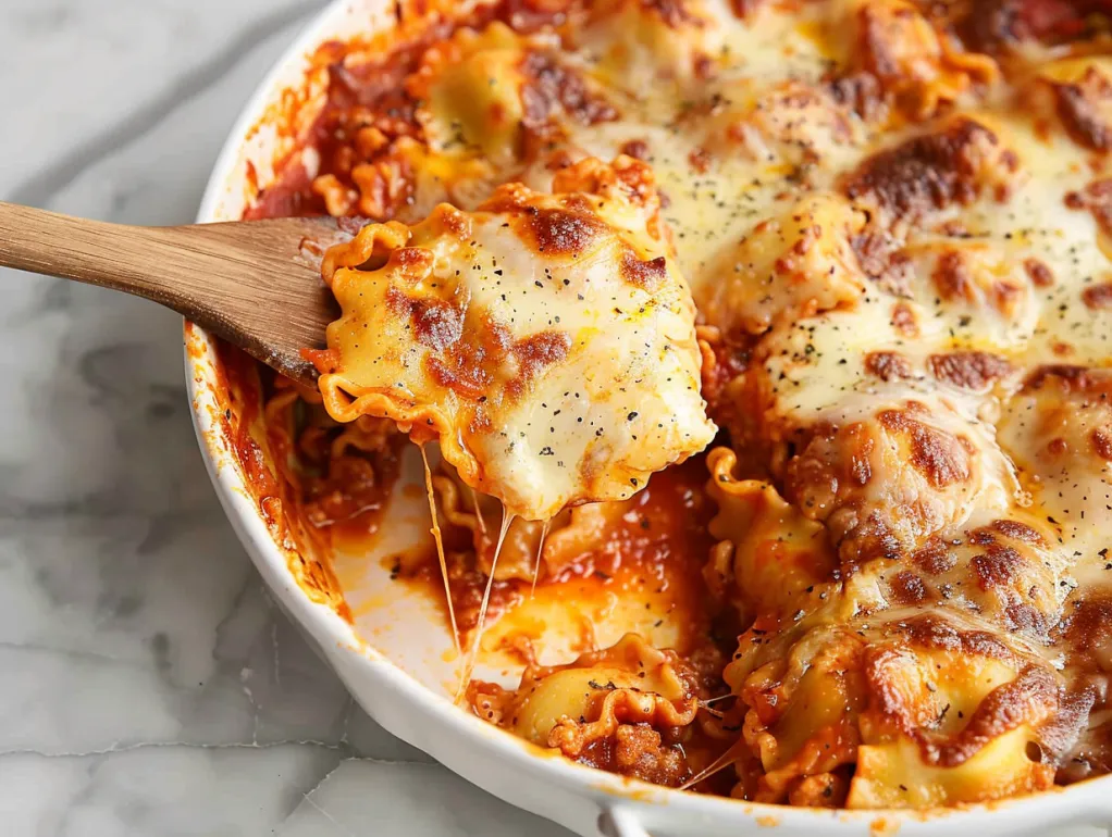 Prim-plan cu ravioli la cuptor pe o farfurie.
