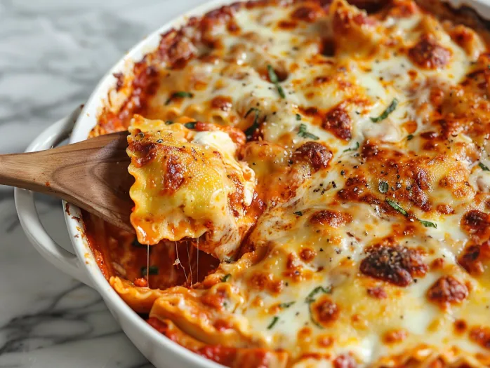 O tavă cu ravioli la cuptor acoperită cu brânză topită și sos de roșii.