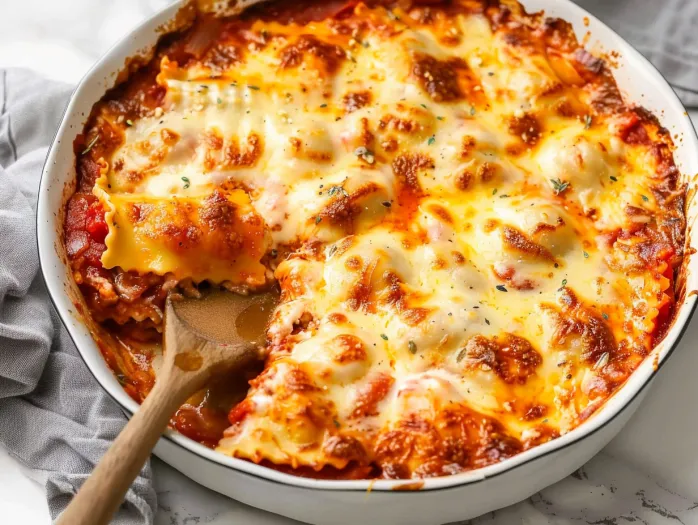 O tavă cu ravioli la cuptor acoperită cu brânză topită și sos de roșii.