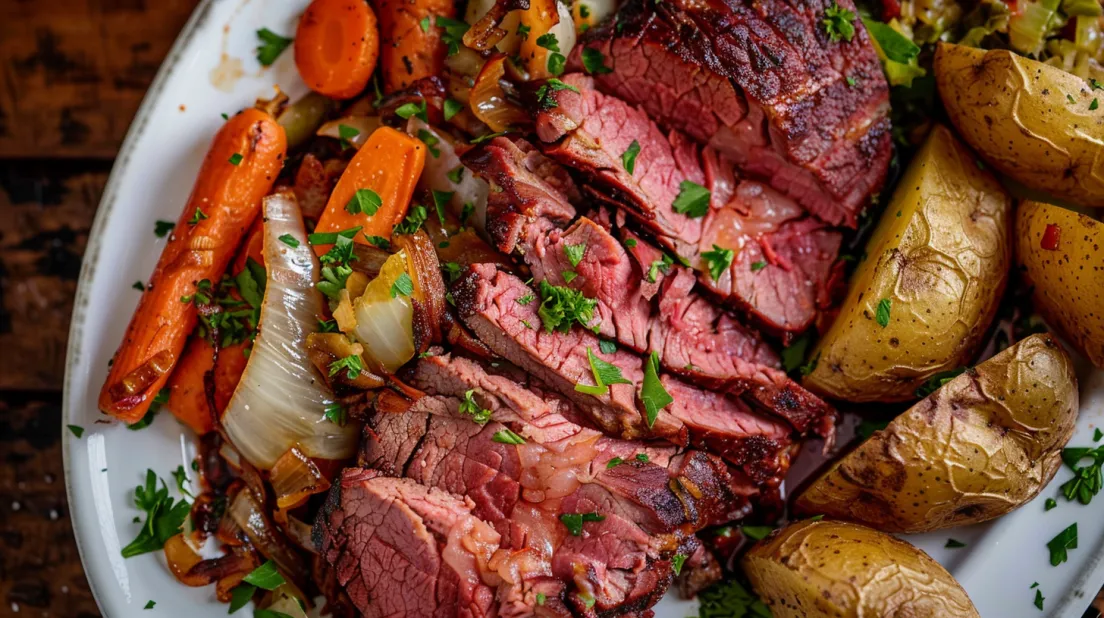 O farfurie cu carne de vită sărată și varză.