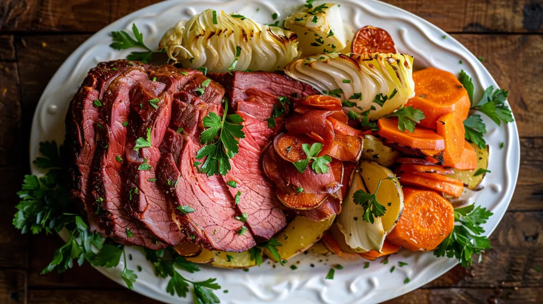 O farfurie cu carne de vită sărată și varză.