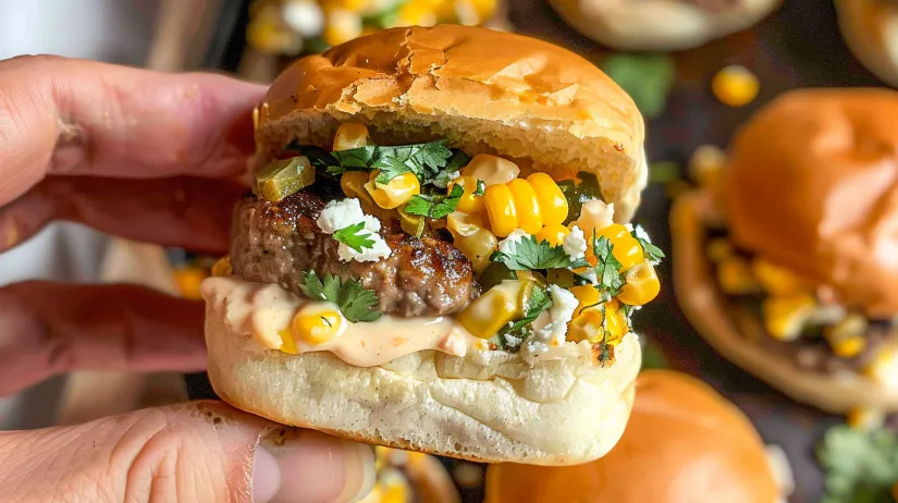 O persoană ține un slider cu burger și porumb stradal.