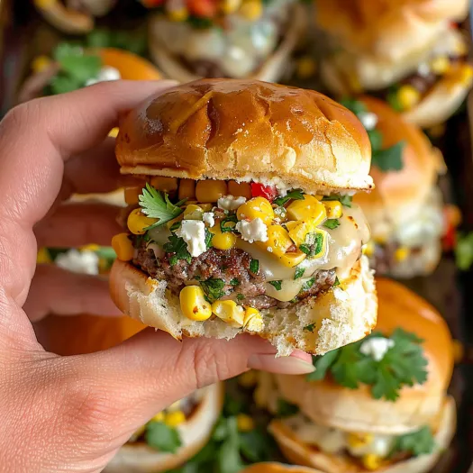 O persoană ține un slider de burger cu porumb stradal.