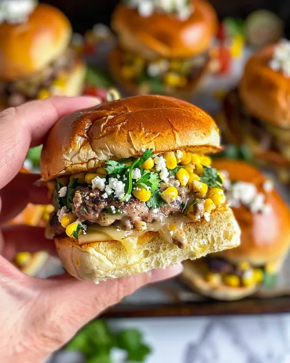O persoană ține un slider cu burger și porumb stradal.
