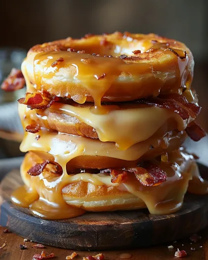 Teanc de trei gogoși cu bacon și glazură de arțar.