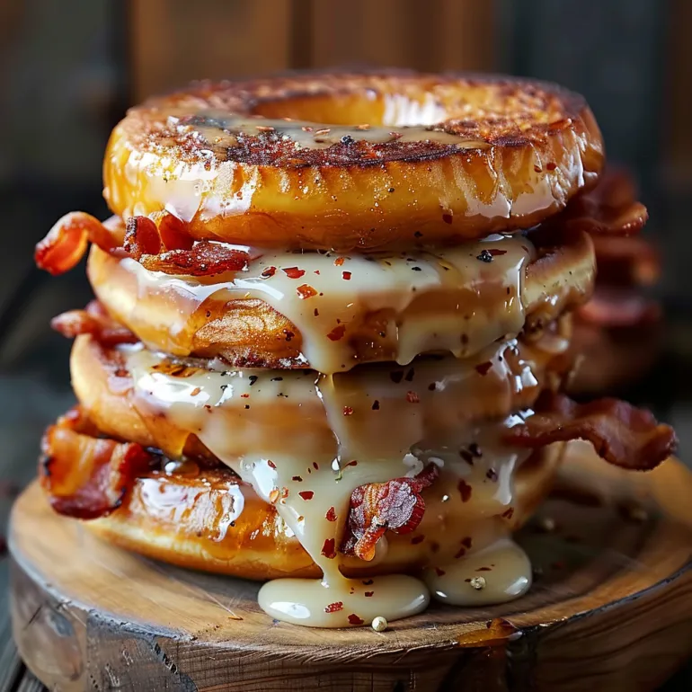 Turn de trei sandvișuri cu brânză, bacon și glazură de arțar.