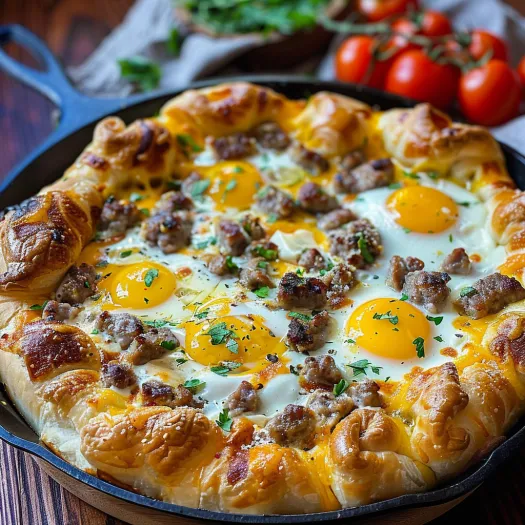 Un mini pizza la micul dejun cu cârnați, ouă și brânză.