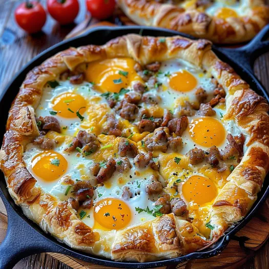 O pizza de mic dejun cu cârnați, ouă și brânză.