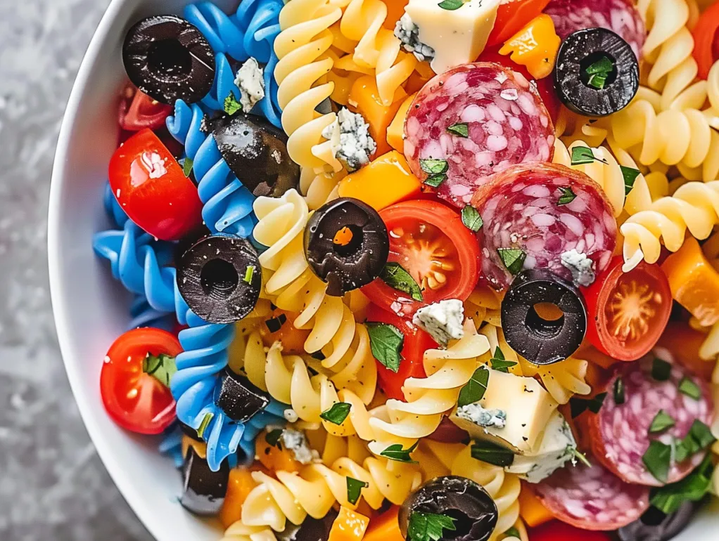 Un bol cu o salată de paste colorate roșu, alb și albastru.