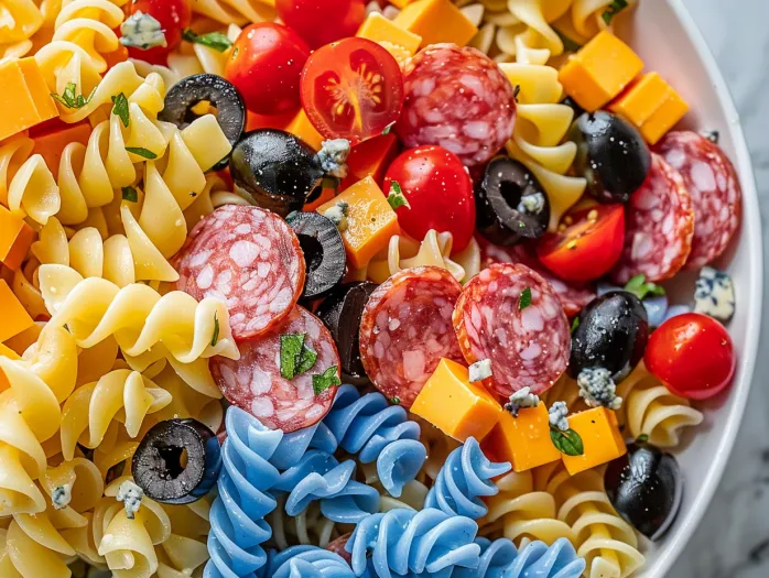 Bol cu salată de paste în nuanțe de roșu, alb și albastru.