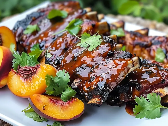 Coaste fragede de porc cu sos BBQ de piersici și oțet balsamic.
