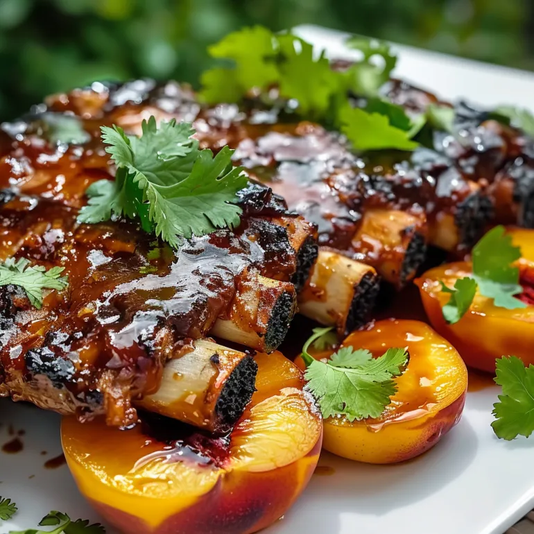 O farfurie cu coaste de porc glazurate cu sos BBQ de piersici și balsamic.