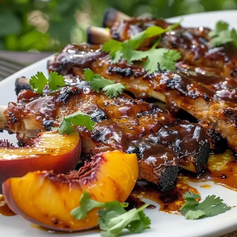 O farfurie cu coaste baby back acoperite cu sos BBQ de piersici-balsamic.
