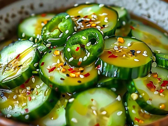 Un bol cu salată asiatică de castraveți.