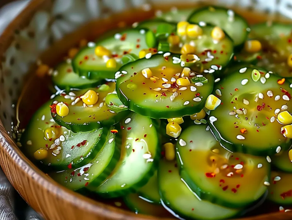 Un bol cu salată asiatică de castraveți.