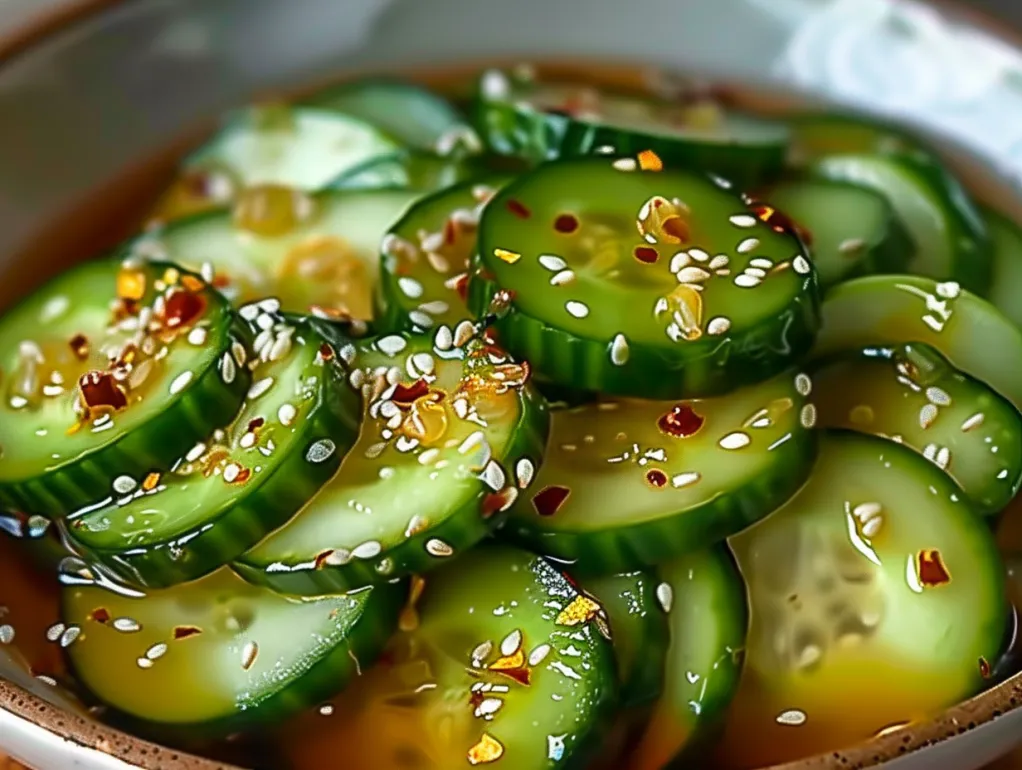 Un castron cu salată asiatică de castravete.