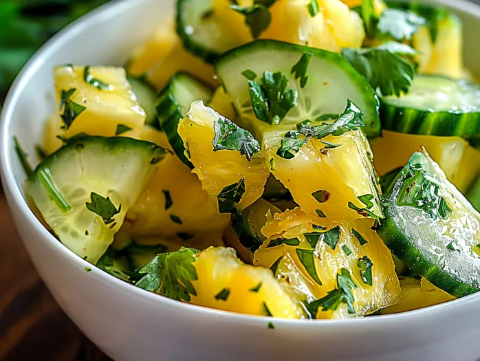 Un bol cu salată de ananas, castravete și lime.