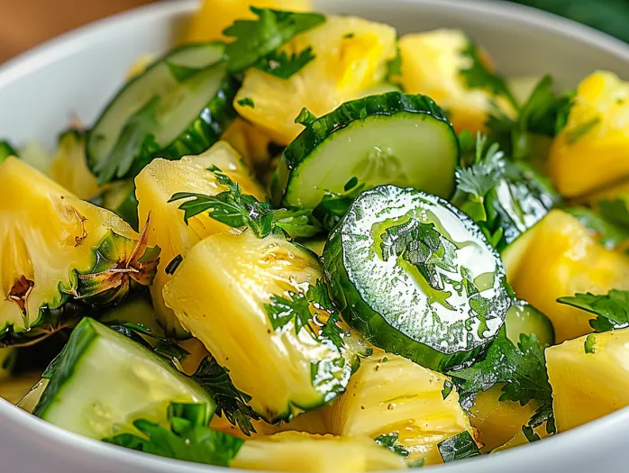 Un bol cu salată de ananas, castravete și lime.