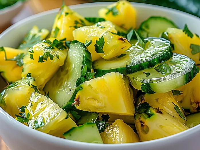 Un bol cu salata de ananas, castravete si lamaie.