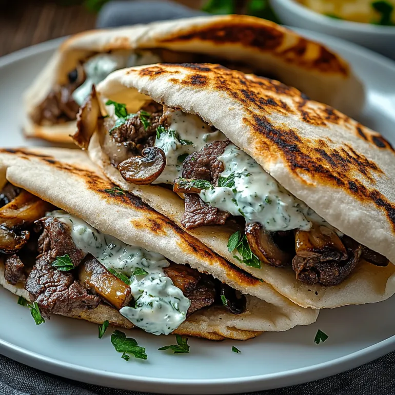 Două pite cu umplutură de vită, ciuperci și sos tzatziki.