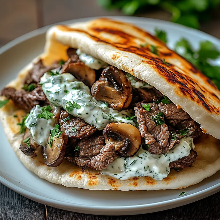 Pita cu carne de vită, ciuperci și brânză topită cu sos tzatziki.