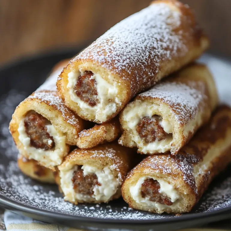 Rulouri French toast presărate cu zahăr pudră.