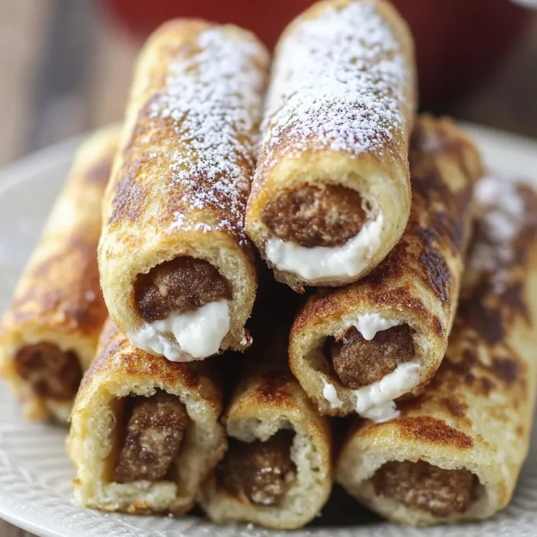 Rulouri French toast pe o farfurie.