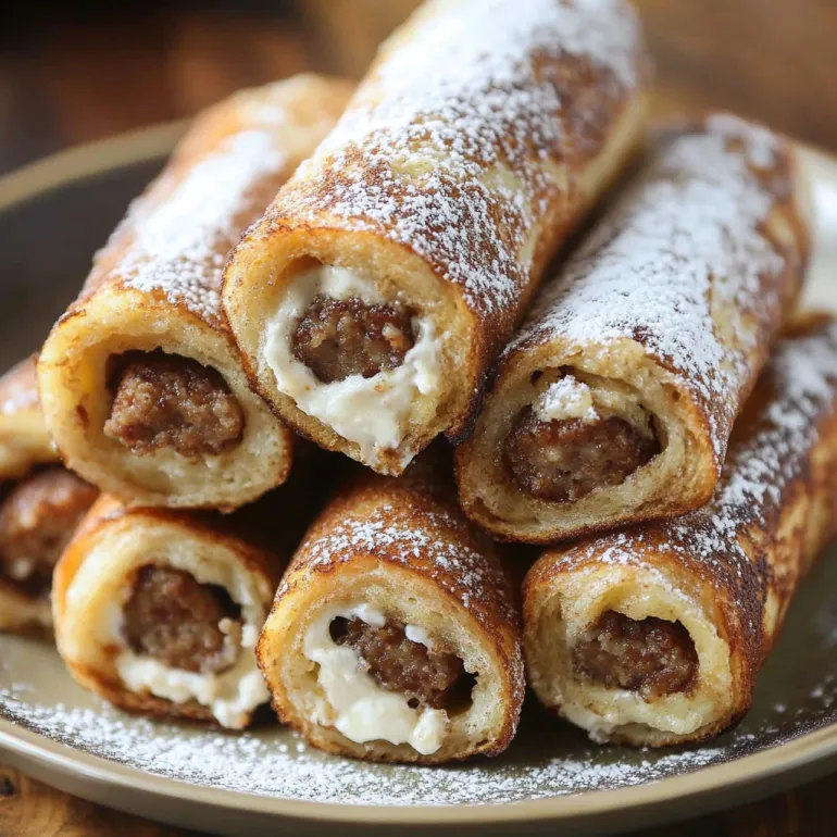 Rulouri toast cu cârnăciori așezate pe farfurie.