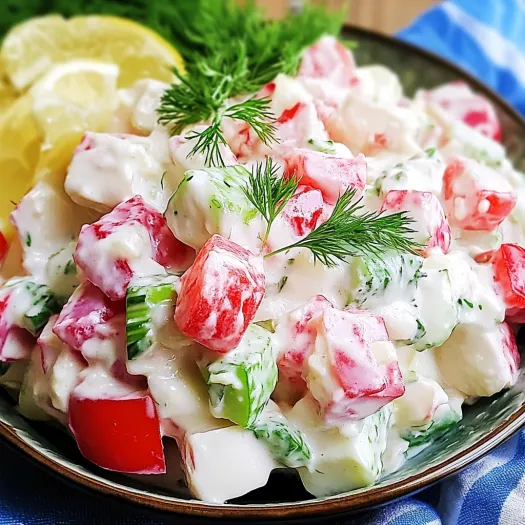 Un bol cu salată de surimi și o felie de lămâie deasupra.
