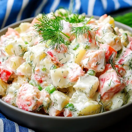 Un bol cu salată de crab și pătrunjel proaspăt deasupra.