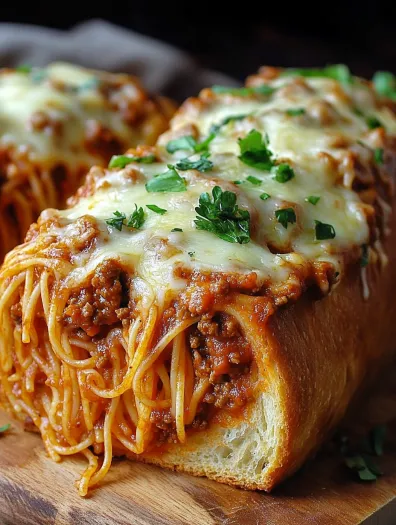 Prim-plan cu pâine umplută cu spaghete și usturoi.