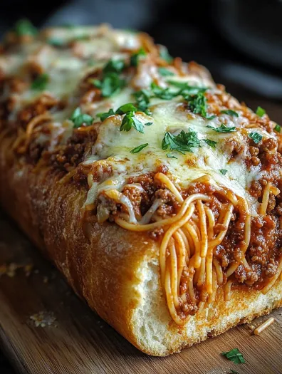 O felie de paine umpluta cu spaghete.