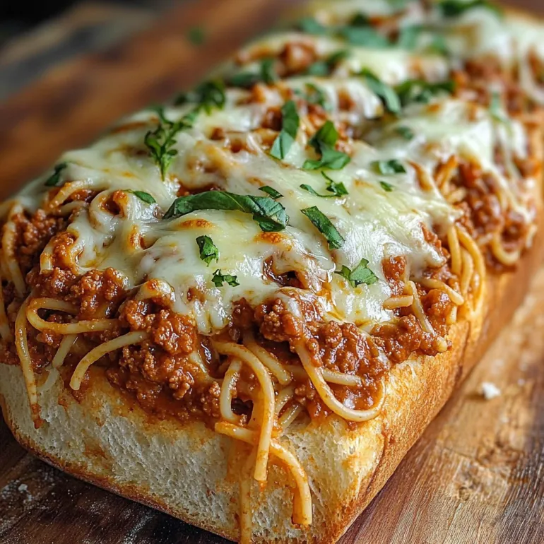 O felie de pâine umplută cu spaghete și usturoi.