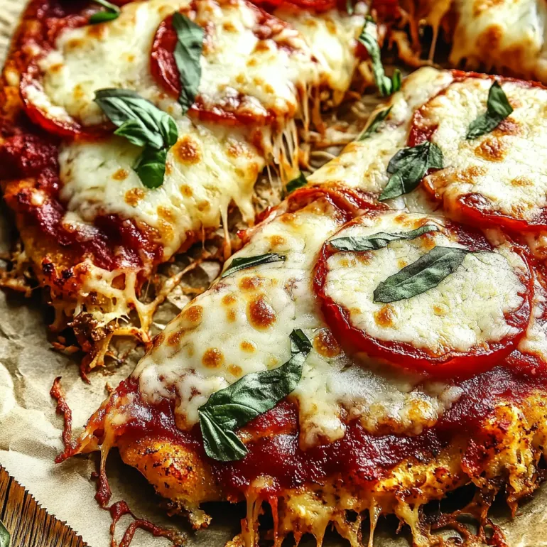 O felie de pizza cu blat de pui, roșii și busuioc.