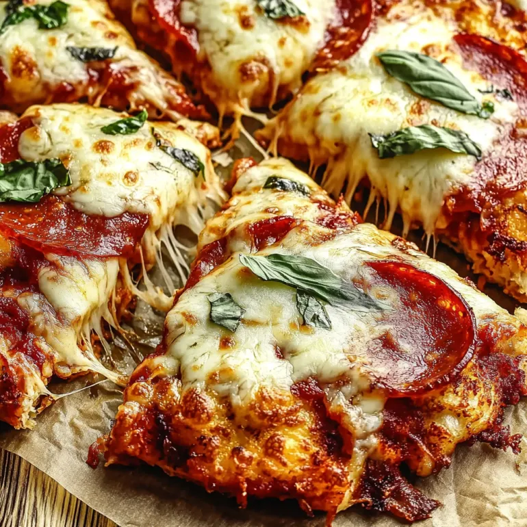 O pizza cu blat din pui și brânză.